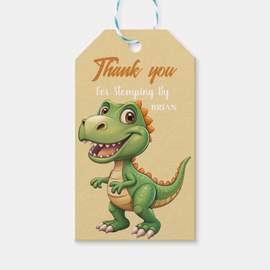 可愛い恐竜の男の子の誕生日パーティー ギフトタグ (正面)