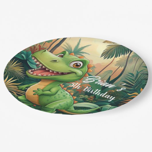 可愛い恐竜の男の子の誕生日パーティー ペーパープレート (アングル)