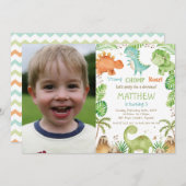 可愛い恐竜の緑の男の子誕生日写真 招待状 (正面/裏面)