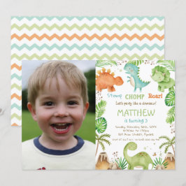 可愛い恐竜の緑の男の子誕生日写真 招待状