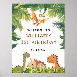 可愛い恐竜の緑の誕生日パーティーへようこそ看板 ポスター