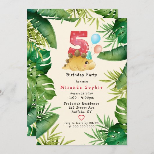 可愛い恐竜の緑葉の5th誕生日パーティー 招待状 (正面/裏面)