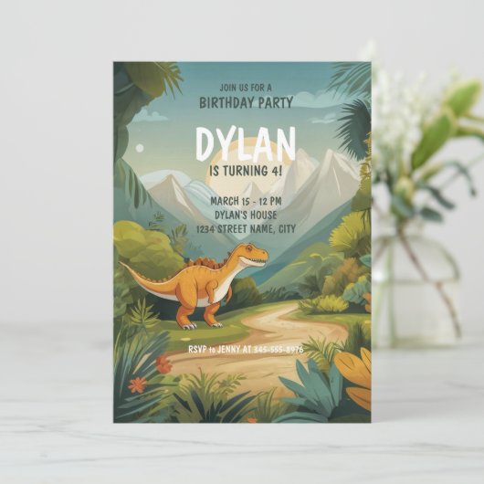 可愛い恐竜の緑4歳の誕生日パーティー 招待状 (スタンド正面)