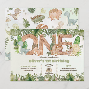 可愛い恐竜の緑ONE 1st第1誕生日 招待状