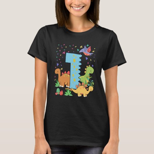 可愛い恐竜の群れ1歳の誕生日1歳の子供 Tシャツ (正面)
