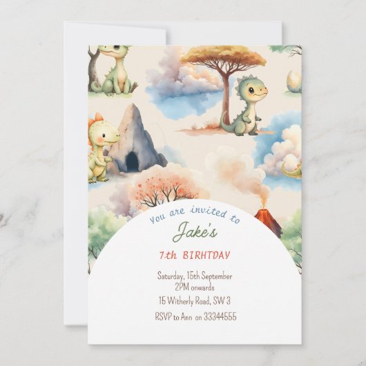 可愛い恐竜の誕生会 招待状 (正面)