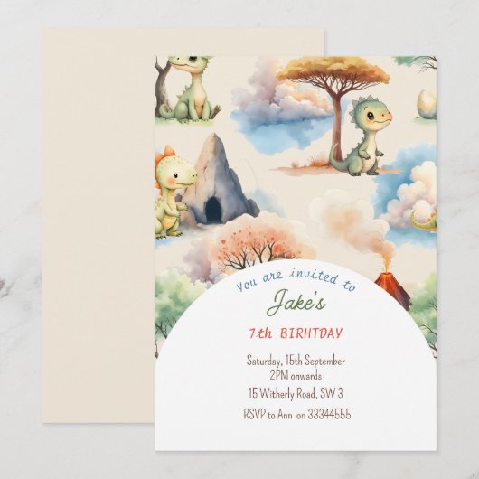 可愛い恐竜の誕生会 招待状 (正面/裏面)