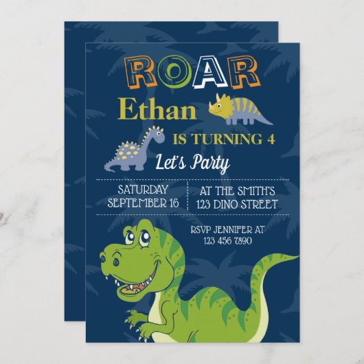 可愛い恐竜の誕生日パーティカスタマイズRSVP 招待状 (正面/裏面)