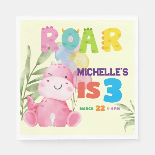 可愛い恐竜の誕生日パーティキッズディノガールズ スタンダードランチョンナプキン (正面)