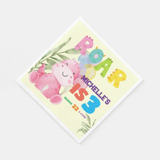 可愛い恐竜の誕生日パーティキッズディノガールズ スタンダードランチョンナプキン (角)