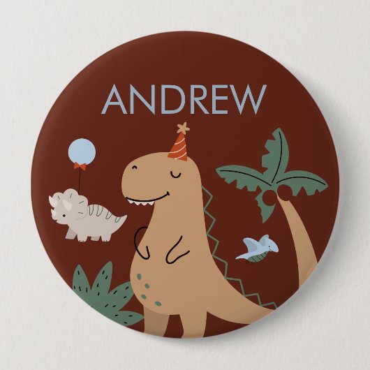 可愛い恐竜の誕生日パーティー名ボタン 缶バッジ (正面)