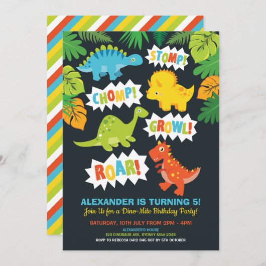 可愛い恐竜の誕生日パーティー、ディノ·チャルクボード 招待状 (正面/裏面)