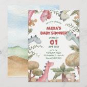 可愛い恐竜の赤ちゃんシャワー 招待状 (正面/裏面)