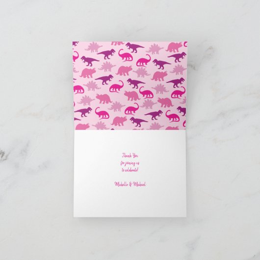 可愛い恐竜の赤ちゃんシャワーDinoピンクガール サンキューカード (内部)