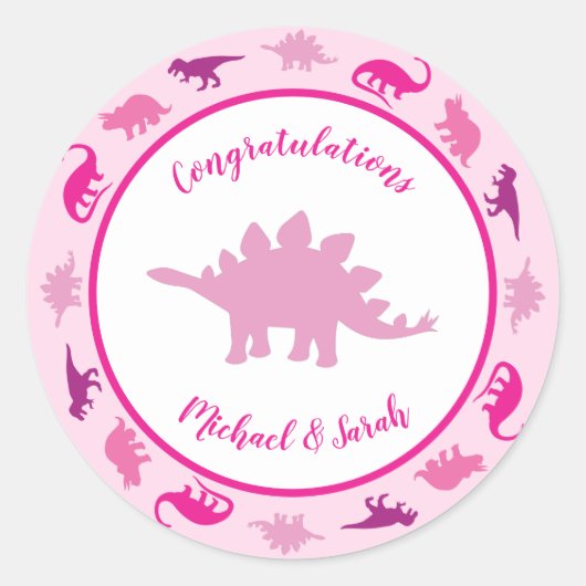 可愛い恐竜の赤ちゃんシャワーDinoピンクガール ラウンドシール (正面)