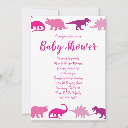 可愛い恐竜の赤ちゃんシャワーDinoピンクガール 招待状 (正面)