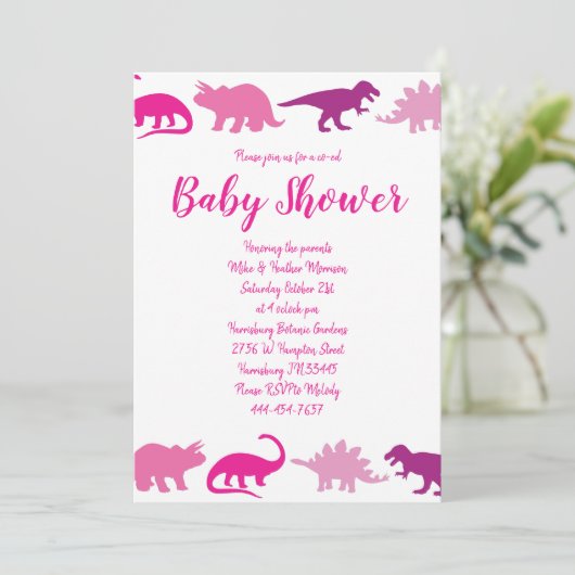 可愛い恐竜の赤ちゃんシャワーDinoピンクガール 招待状 (スタンド正面)