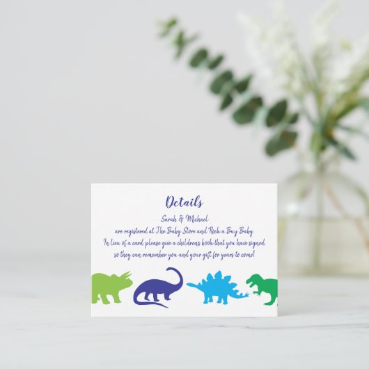 可愛い恐竜の赤ちゃんシャワーDino青と緑の男の子 エンクロージャーカード (スタンド正面)