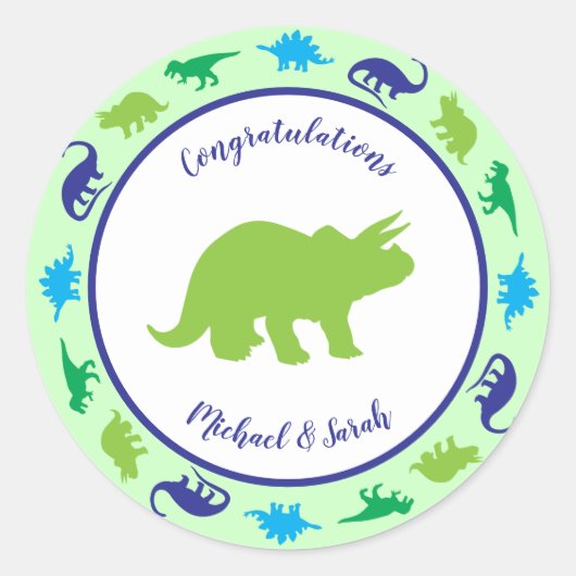 可愛い恐竜の赤ちゃんシャワーDino青と緑の男の子 ラウンドシール (正面)