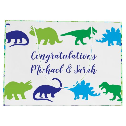可愛い恐竜の赤ちゃんシャワーDino青と緑の男の子 ラージペーパーバッグ (裏面)