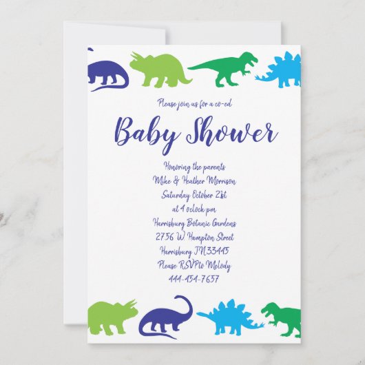 可愛い恐竜の赤ちゃんシャワーDino青と緑の男の子 招待状 (正面)