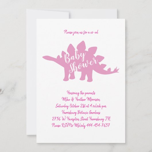 可愛い恐竜の赤ちゃんシャワーStegosaurusピンクの女の子 招待状 (正面)