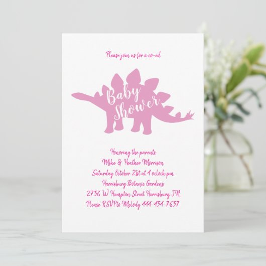 可愛い恐竜の赤ちゃんシャワーStegosaurusピンクの女の子 招待状 (スタンド正面)