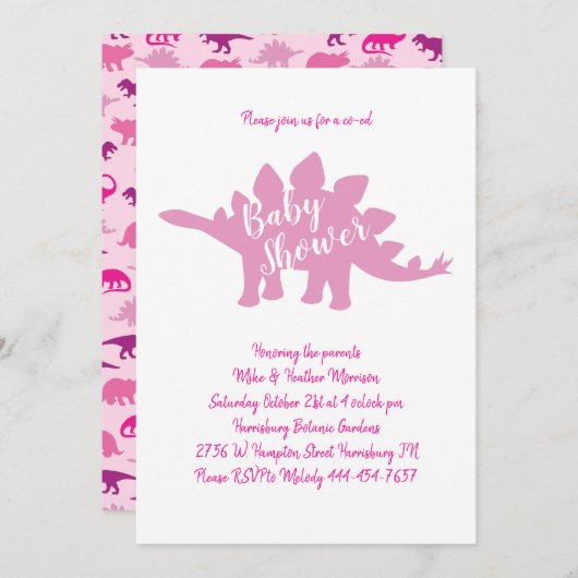 可愛い恐竜の赤ちゃんシャワーStegosaurusピンクの女の子 招待状 (正面/裏面)