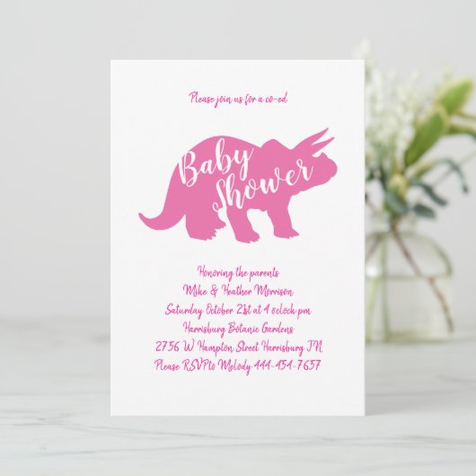 可愛い恐竜の赤ちゃんシャワーTriceratopsピンクの女の子 招待状 (スタンド正面)