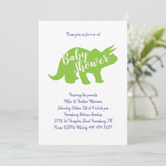 可愛い恐竜の赤ちゃんシャワーTriceratopsブルーボーイ 招待状 (スタンド正面)