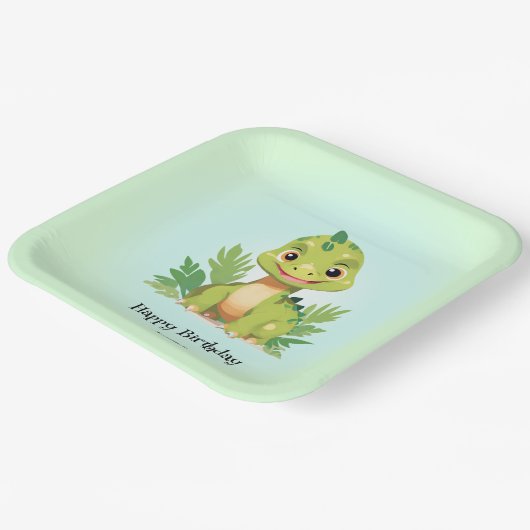 可愛い恐竜の野生のジャングル動物園の誕生日パーティーの少年 ペーパープレート (傾斜あり)