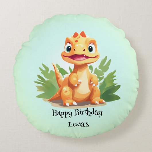 可愛い恐竜の野生のジャングル動物園の誕生日パーティーの少年 ラウンドクッション (正面)
