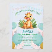 可愛い恐竜の野生のジャングル動物園の誕生日パーティーの少年 招待状 (正面/裏面)
