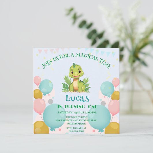 可愛い恐竜の野生のジャングル動物園の誕生日パーティーの少年 招待状 (スタンド正面)