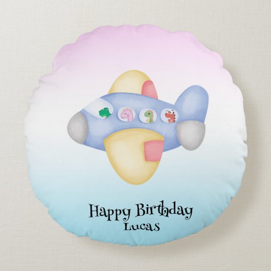 可愛い恐竜の飛行機学生子供の誕生日パーティー ラウンドクッション (正面)