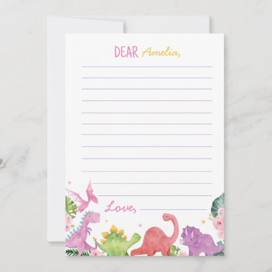 可愛い恐竜ガールタイムカプセルノートメッセージカード サンキューカード (正面)