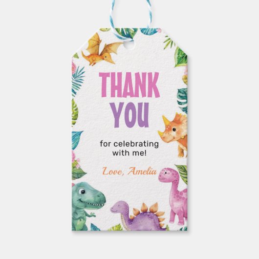 可愛い恐竜ガールバースデーパーティーありがとうラベル ギフトタグ (正面)