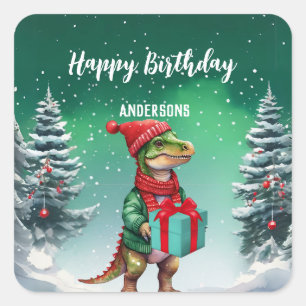 可愛い恐竜クリスマスツリーの誕生日の女の子のパーティー スクエアシール