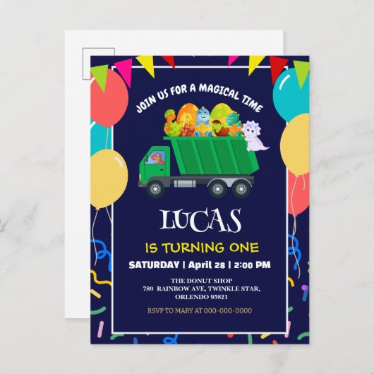 可愛い恐竜グリーンゴミートラックの誕生日の少年の子供 インビテーションポストカード (正面/裏面)