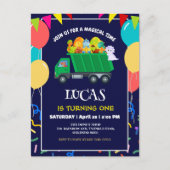 可愛い恐竜グリーンゴミートラックの誕生日の少年の子供 インビテーションポストカード (正面)