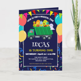 可愛い恐竜グリーンゴミートラックの誕生日の少年の子供 招待状