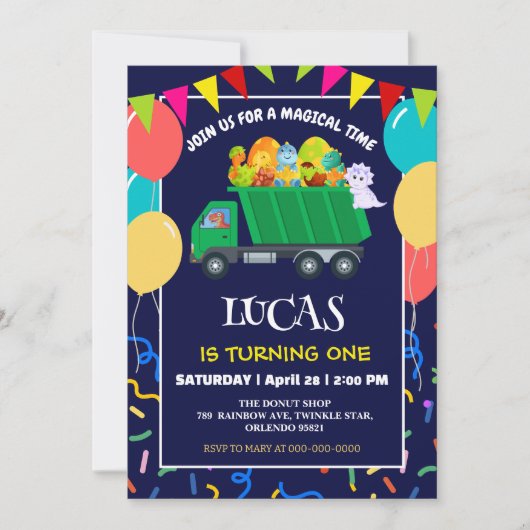 可愛い恐竜グリーンゴミートラックの誕生日の少年の子供 招待状 (正面)