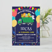可愛い恐竜グリーンゴミートラックの誕生日の少年の子供 招待状 (スタンド正面)