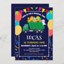 可愛い恐竜グリーンゴミートラックの誕生日の少年の子供