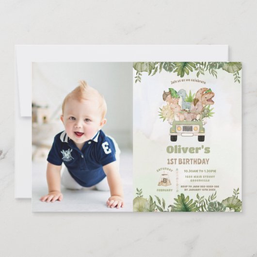 可愛い恐竜サファリ車の最初の2番目の誕生日の写真 招待状 (正面)