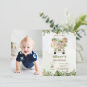 可愛い恐竜サファリ車の最初の2番目の誕生日の写真 招待状 (スタンド正面)