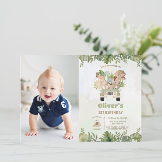 可愛い恐竜サファリ車の最初の2番目の誕生日の写真 招待状 (スタンド正面)