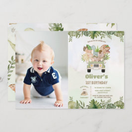 可愛い恐竜サファリ車の最初の2番目の誕生日の写真 招待状