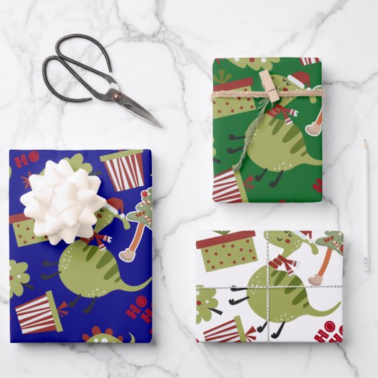 可愛い恐竜サンタクリスマスパターン ラッピングペーパーシート (正面)
