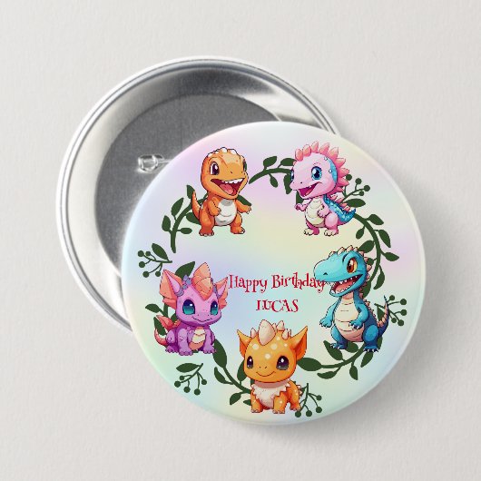 可愛い恐竜ジャングル学校の子供の誕生日パーティーボーイ 缶バッジ (正面&裏面)